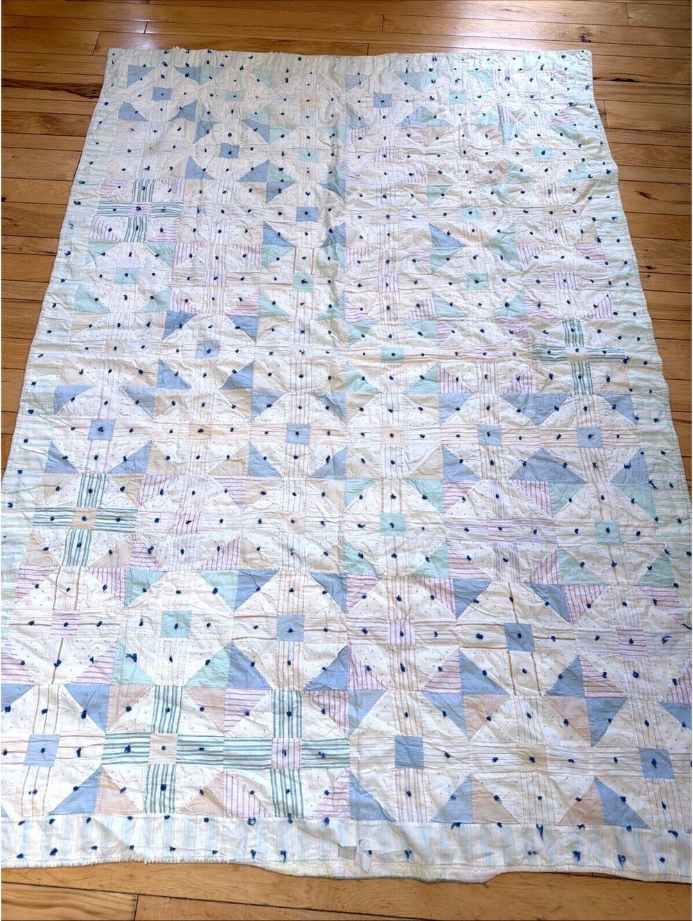 Vintage 1940s Make Do And Mend Quilt Diamond Handmade 54x75” Recycled fabrics